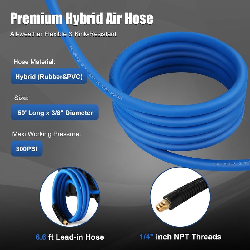 Himimi 50FT + 6.6FT Retractable Air Hose Reel, Ceiling/Wall Mount Penumatic Hose Reel for Garage Workshop, Auto Rewind, 3/8" x 50' Hybrid Air Hose Reel with Brass Fittings + Bend Restrictors, 300PSI - Image 3